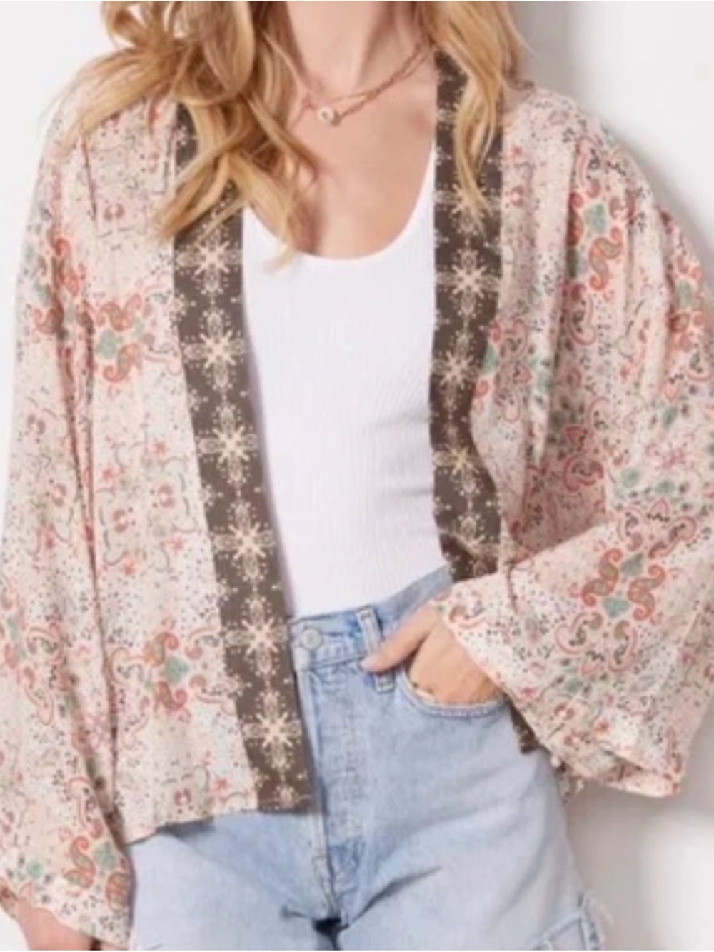 Michael Stars EVEREVE Patina Wide-Sleeve Open-Front Kimono Top One Size